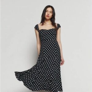 NWT REFORMATION Bryson Midi Dress in Black and White Polka Dots, Size 4